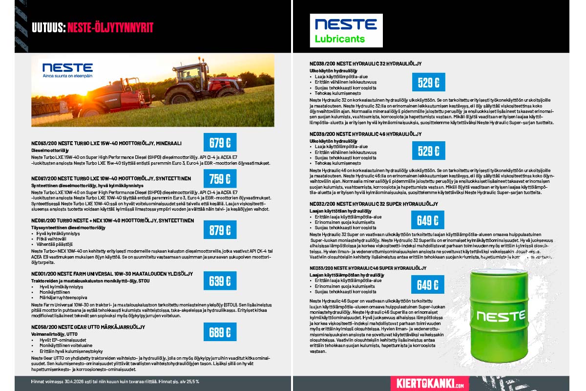 Nesteen &ouml;ljyt moottoriin ja hydrauliikkaan traktoreille kev&auml;thuoltoon