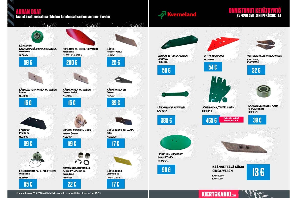 Kvernelandin alkuper&auml;isosat ja Molbron kulutusosat kev&auml;tkynt&ouml;ihin